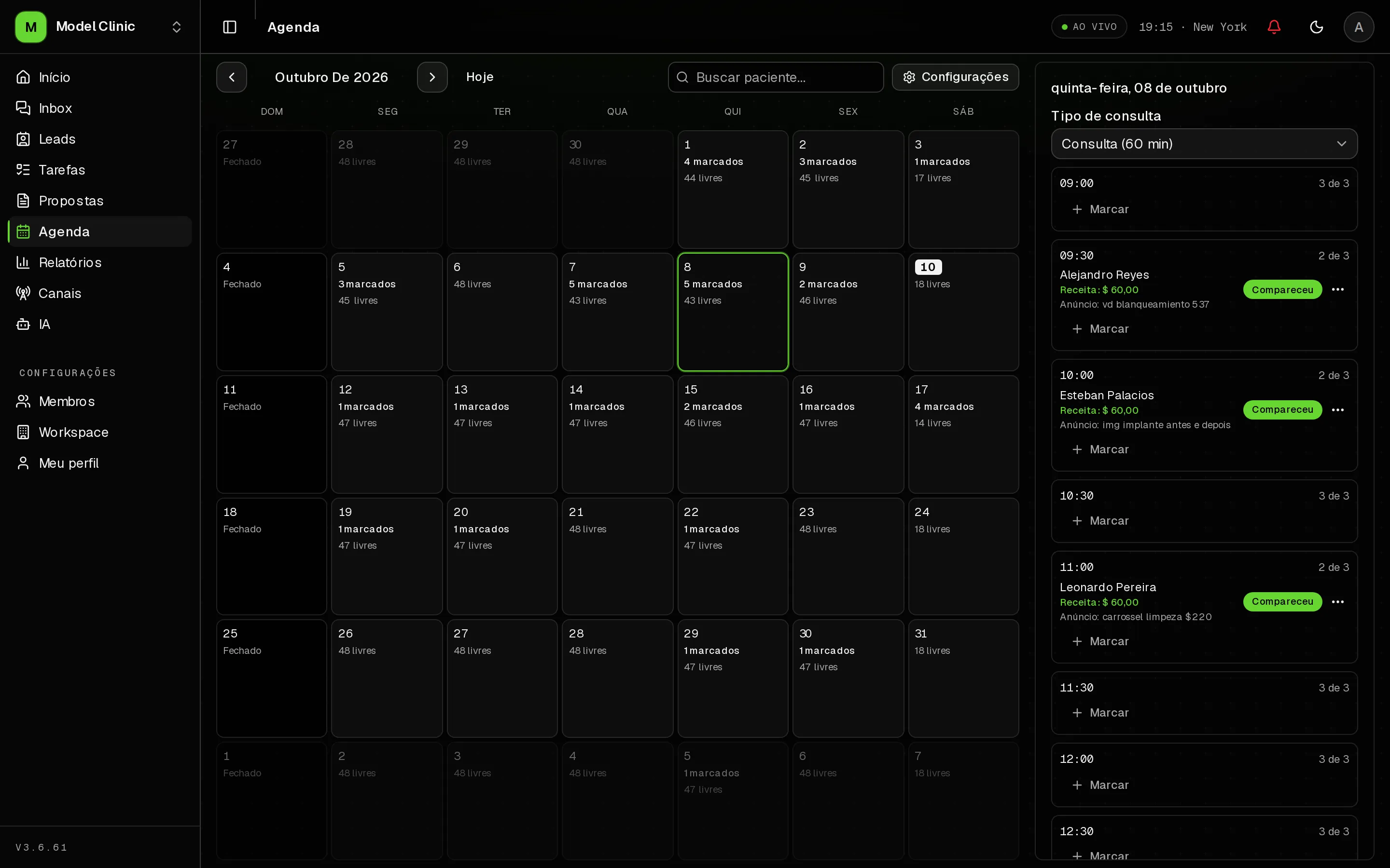 Agenda del CRM con horarios libres